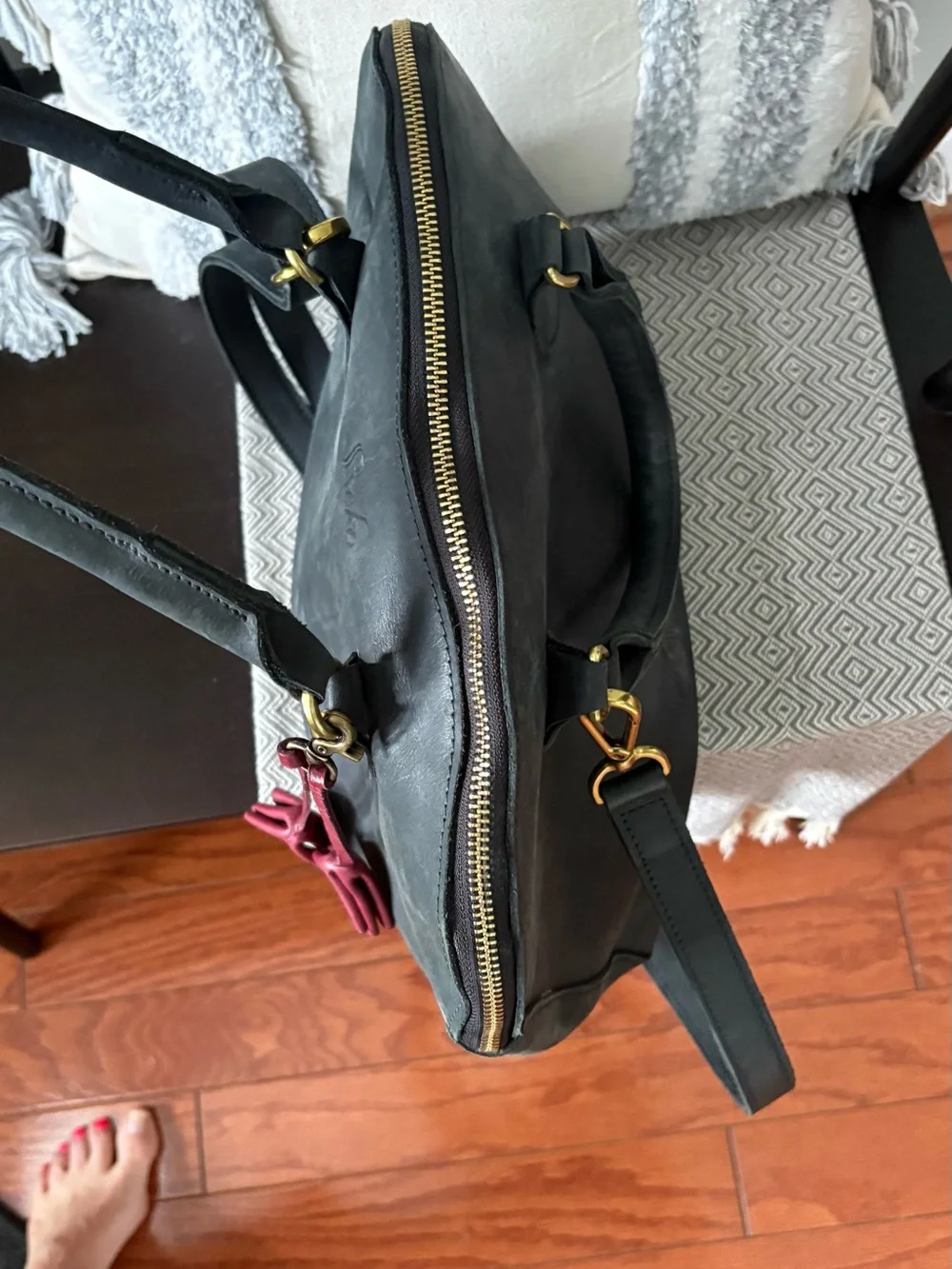 Sseko Black Leather Satchel with burgundy Tassel Charm